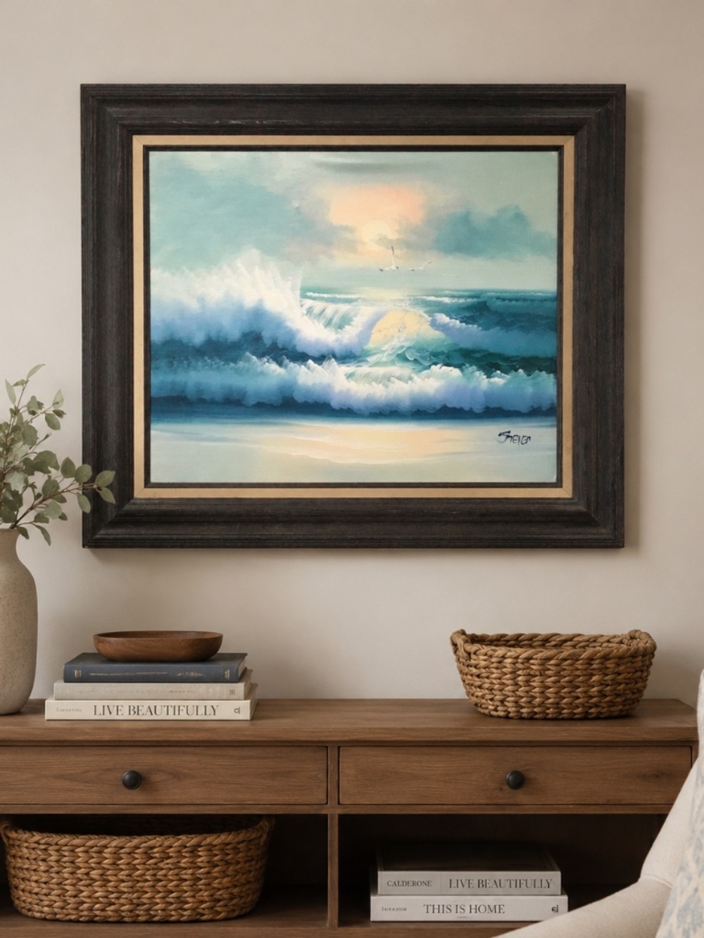 Original Vintage Oil Painting Signed "Stever" Ocean Seascape Framed Wall Art - Picture 1 of 4